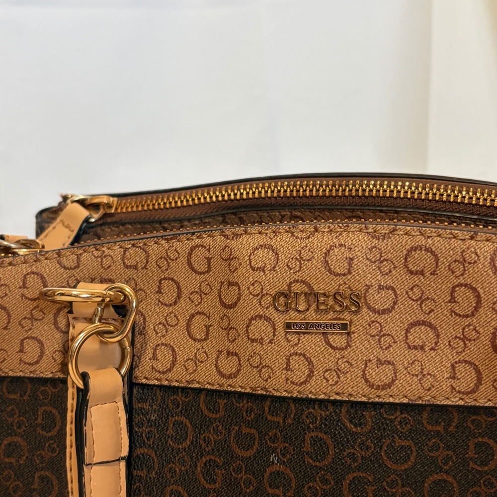 Guess Los Angeles Brown Satchel Handbag with Gold Logo design and details purse - Picture 3 of 14